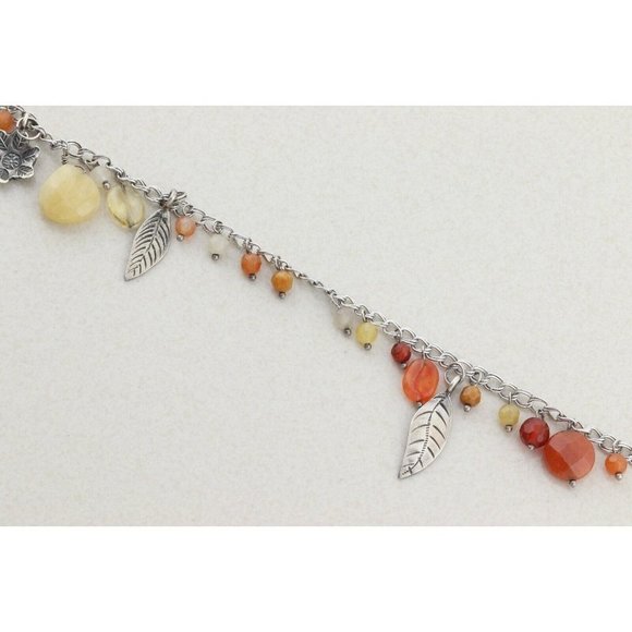 Sterling Silver Leaf Charm Bracelet Orange, Red,Yellow, Quartz Beads 7 inch - Picture 2 of 9